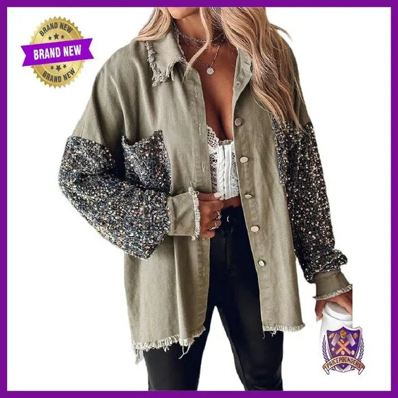 Oversized Denim Shacket with Sequin Patchwork Long Sleeves - Picture 1 of 8